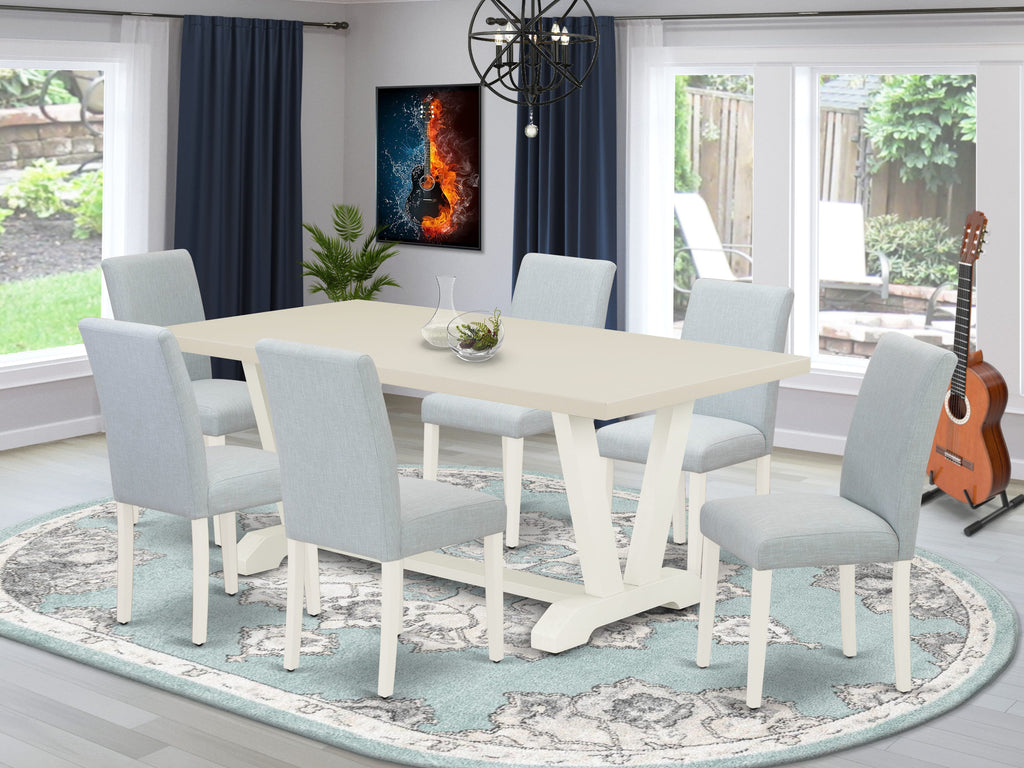 East West Furniture V027AB015-7 7 Piece Dining Table Set Consist of a Rectangle Dining Room Table with V-Legs and 6 Baby Blue Linen Fabric Upholstered Chairs