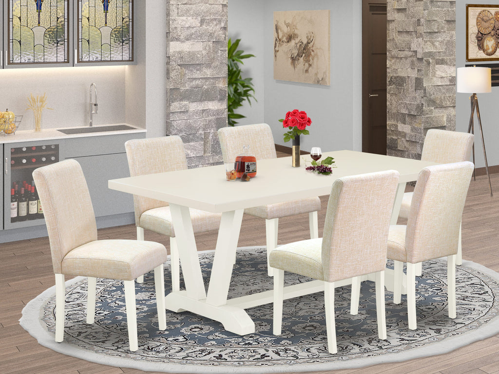 East West Furniture V027AB202-7 7 Piece Dining Table Set Consist of a Rectangle Dining Room Table with V-Legs and 6 Light Beige Linen Fabric Upholstered Chairs