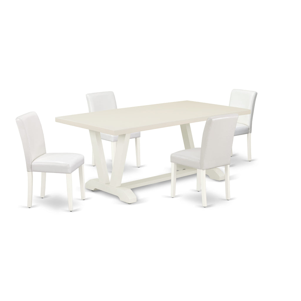 East West Furniture V027AB264-5 5 Piece Dinette Set Includes a Rectangle Dining Room Table with V-Legs and 4 White Faux Leather Upholstered Parson Chairs