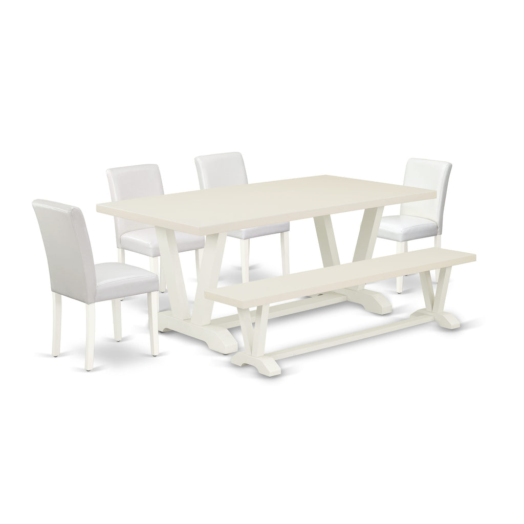 East West Furniture V027AB264-6 6 Piece Dining Set Contains a Rectangle Dining Room Table with V-Legs and 4 White Faux Leather Parson Chairs with a Bench