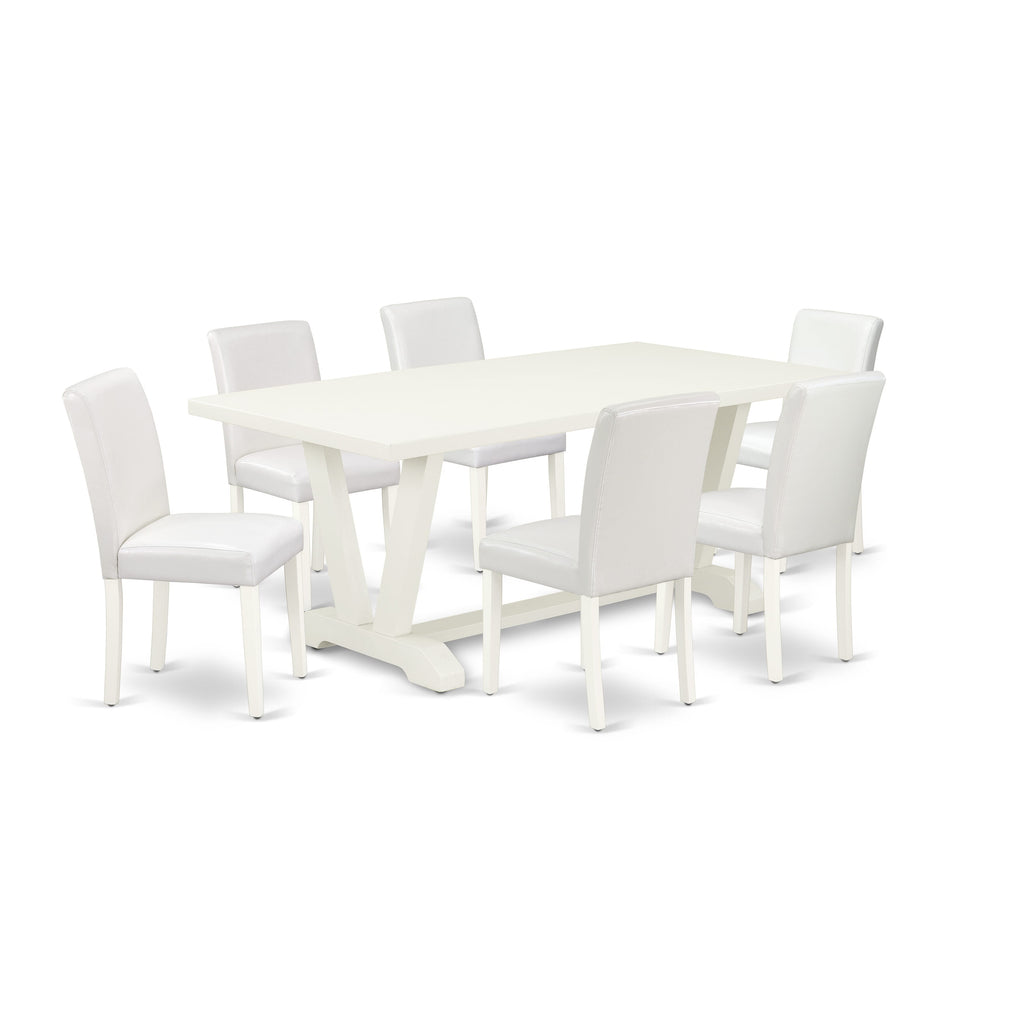 East West Furniture V027AB264-7 7 Piece Dining Room Furniture Set Consist of a Rectangle Dining Table with V-Legs and 6 White Faux Leather Upholstered Chairs