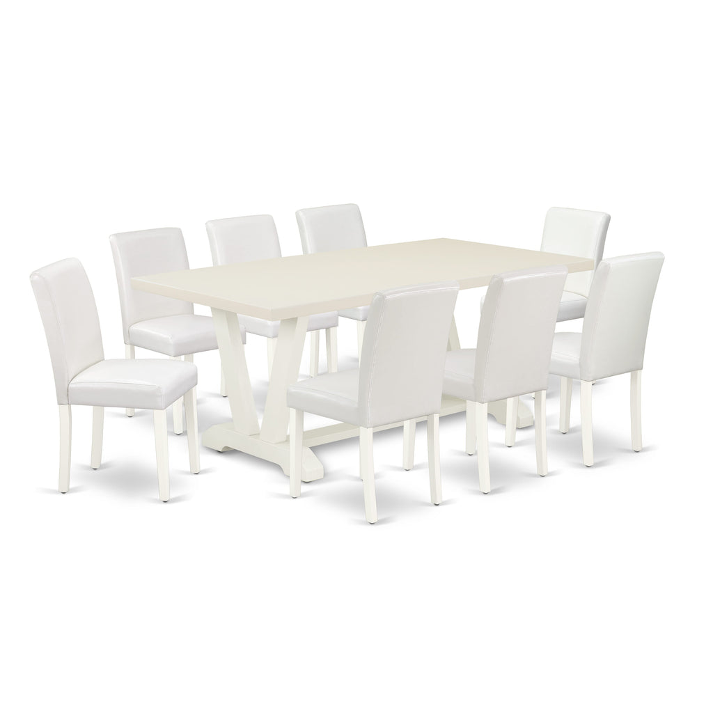 East West Furniture V027AB264-9 9 Piece Modern Dining Table Set Includes a Rectangle Wooden Table with V-Legs and 8 White Faux Leather Parson Dining Chairs, 40x72 Inch, Multi-Color