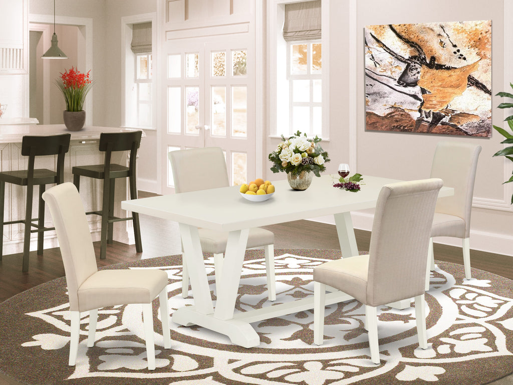 East West Furniture V027BA201-5 5 Piece Dining Room Furniture Set Includes a Rectangle Dining Table with V-Legs and 4 Cream Linen Fabric Upholstered Chairs