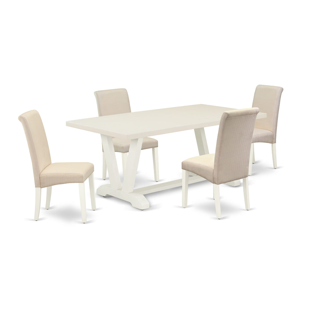 East West Furniture V027BA201-5 5 Piece Dining Room Furniture Set Includes a Rectangle Dining Table with V-Legs and 4 Cream Linen Fabric Upholstered Chairs