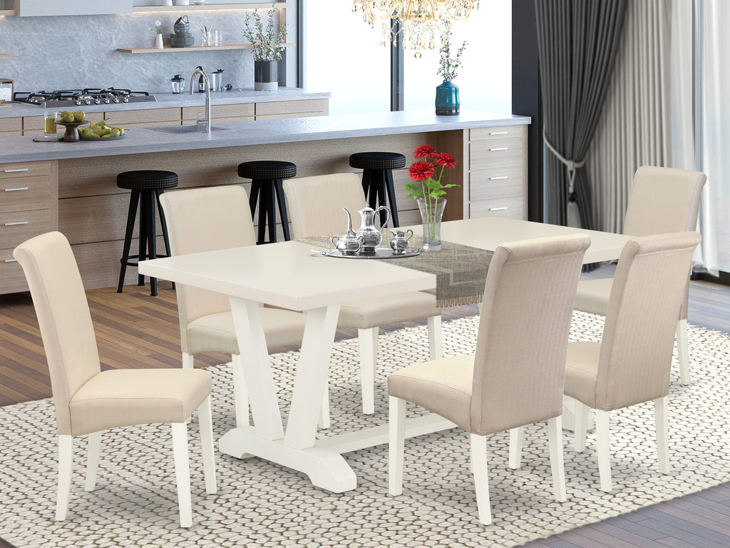 East West Furniture V027BA201-7 7 Piece Modern Dining Table Set Consist of a Rectangle Dining Room Table with V-Legs and 6 Cream Linen Fabric Parsons Chairs