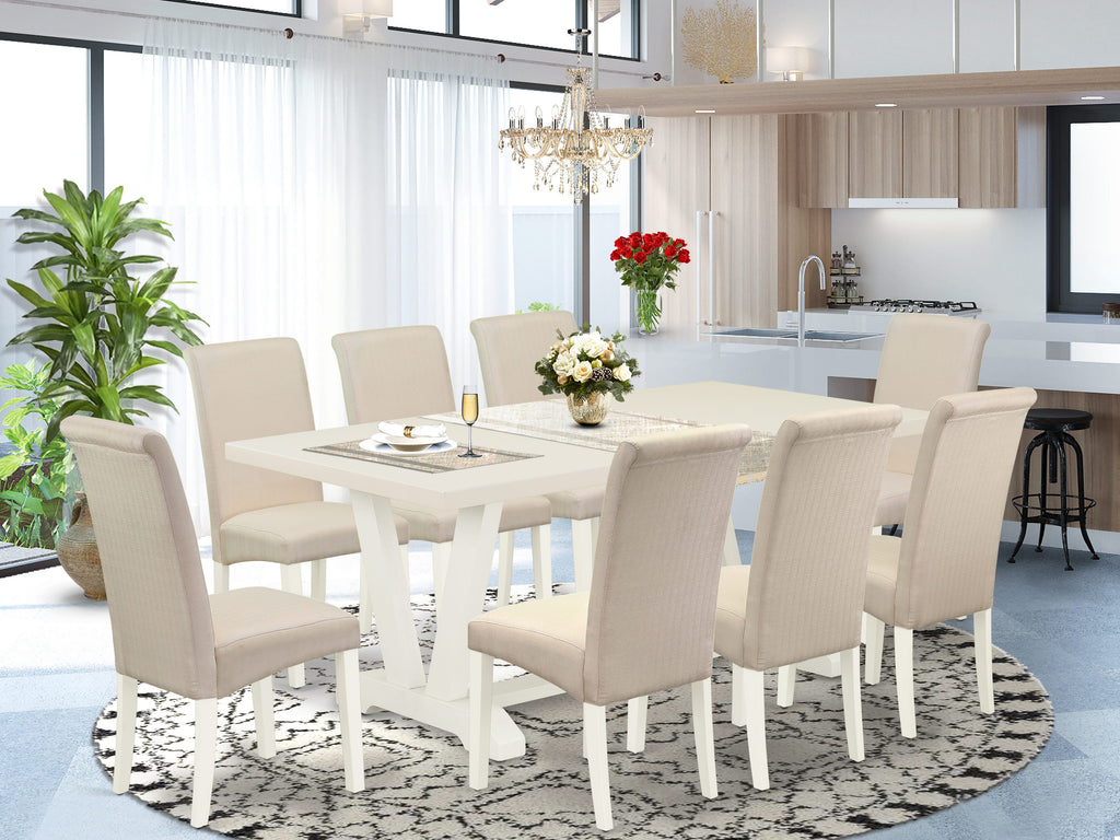 East West Furniture V027BA201-9 9 Piece Kitchen Table & Chairs Set Includes a Rectangle Dining Table with V-Legs and 8 Cream Linen Fabric Parson Dining Chairs