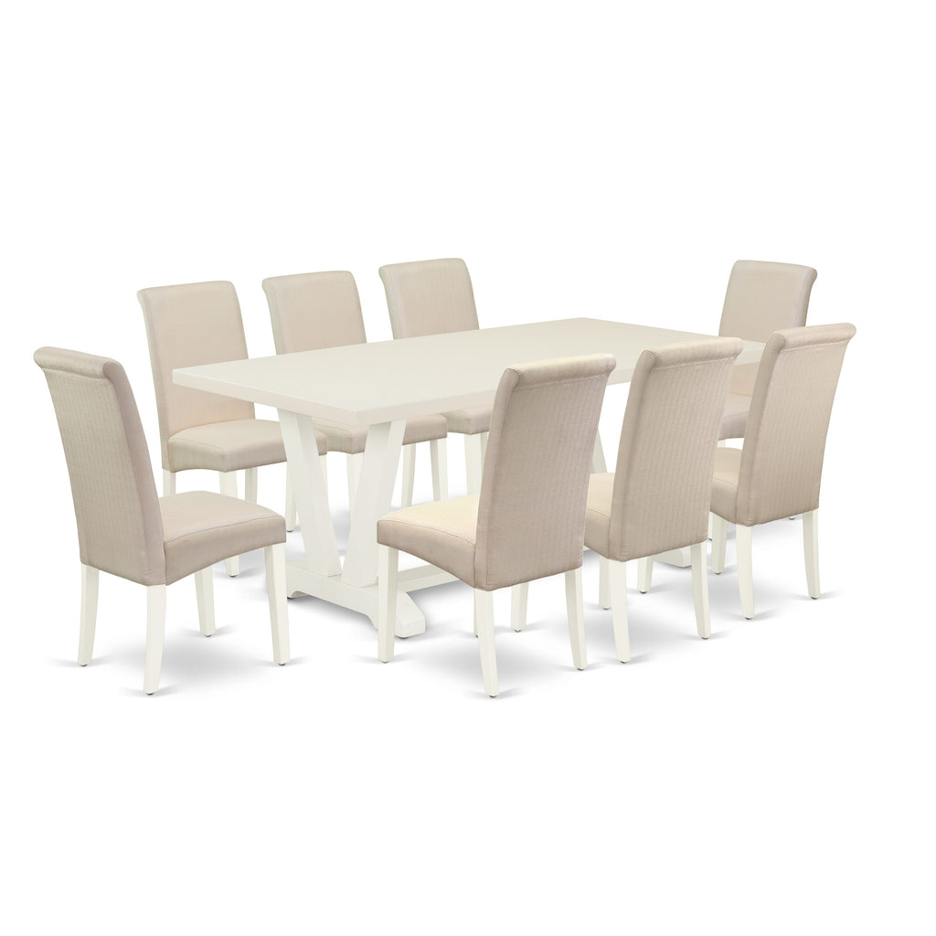 East West Furniture V027BA201-9 9 Piece Kitchen Table & Chairs Set Includes a Rectangle Dining Table with V-Legs and 8 Cream Linen Fabric Parson Dining Chairs