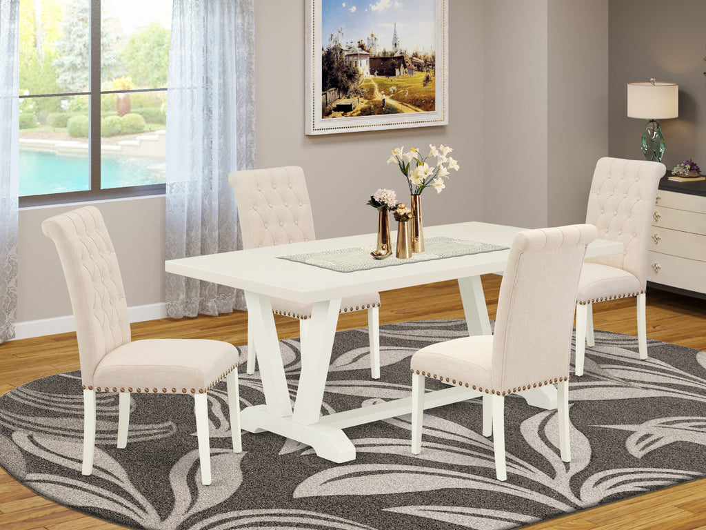 East West Furniture V027BR202-5 5 Piece Kitchen Table Set for 4 Includes a Rectangle Dining Room Table with V-Legs and 4 Light Beige Linen Fabric Parsons Chairs