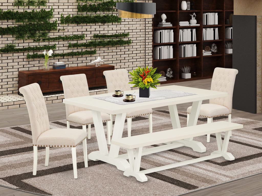 East West Furniture V027BR202-6 6 Piece Dining Table Set Contains a Rectangle Dining Room Table and 4 Light Beige Linen Fabric Parson Chairs with a Bench