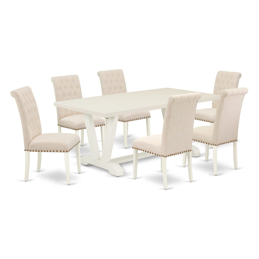 East West Furniture V027BR202-7 7 Piece Dining Room Furniture Set Consist of a Rectangle Dining Table with V-Legs and 6 Light Beige Linen Fabric Parsons Chairs