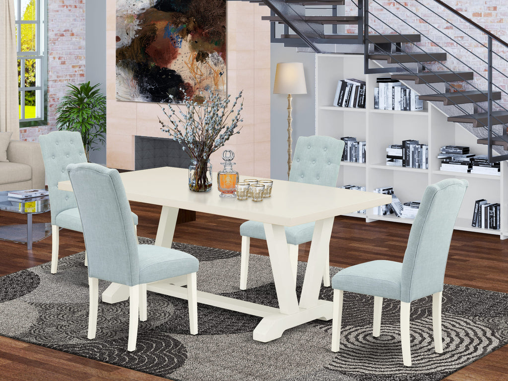 East West Furniture V027CE215-5 5 Piece Dining Room Furniture Set Includes a Rectangle Dining Table with V-Legs and 4 Baby Blue Linen Fabric Upholstered Chairs