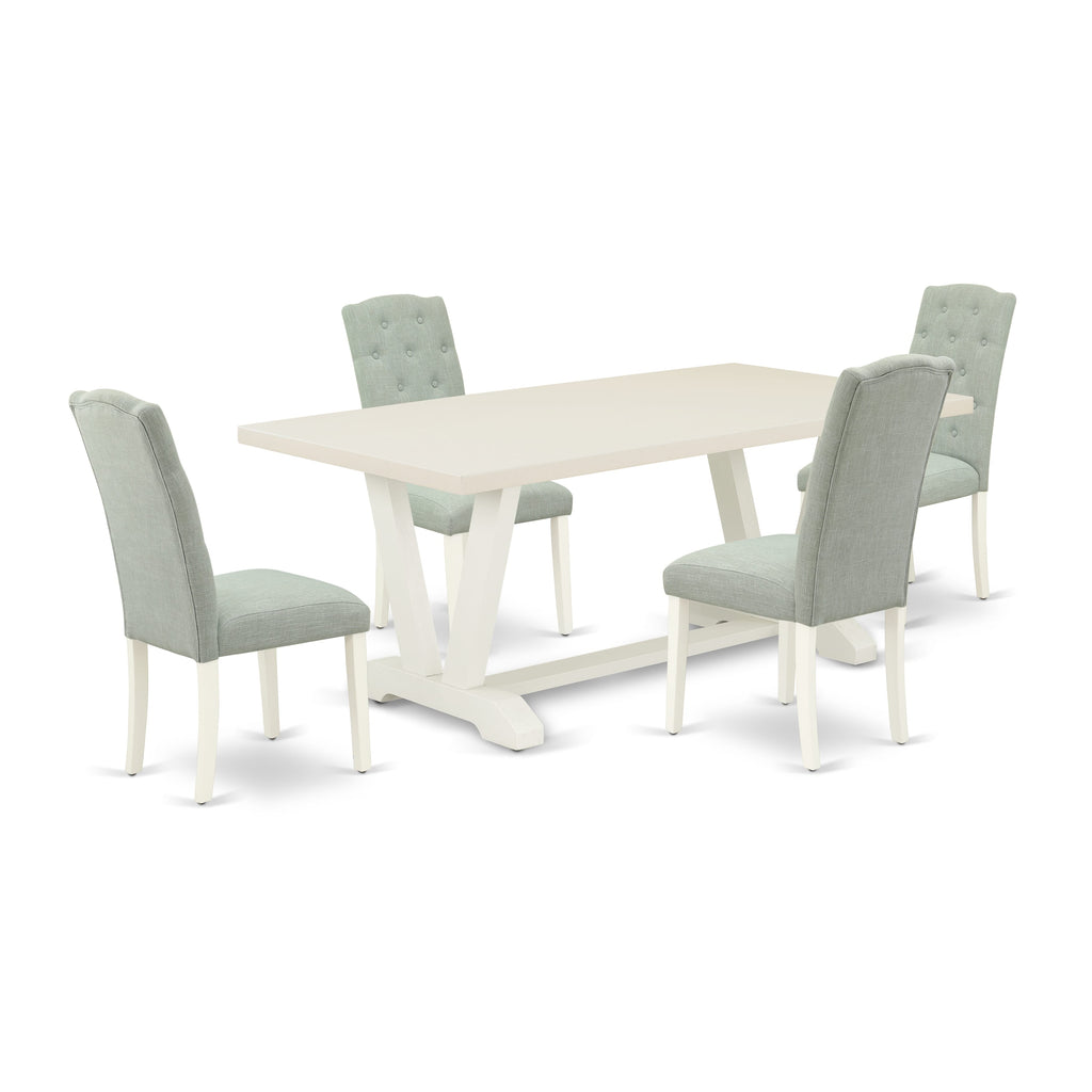 East West Furniture V027CE215-5 5 Piece Dining Room Furniture Set Includes a Rectangle Dining Table with V-Legs and 4 Baby Blue Linen Fabric Upholstered Chairs