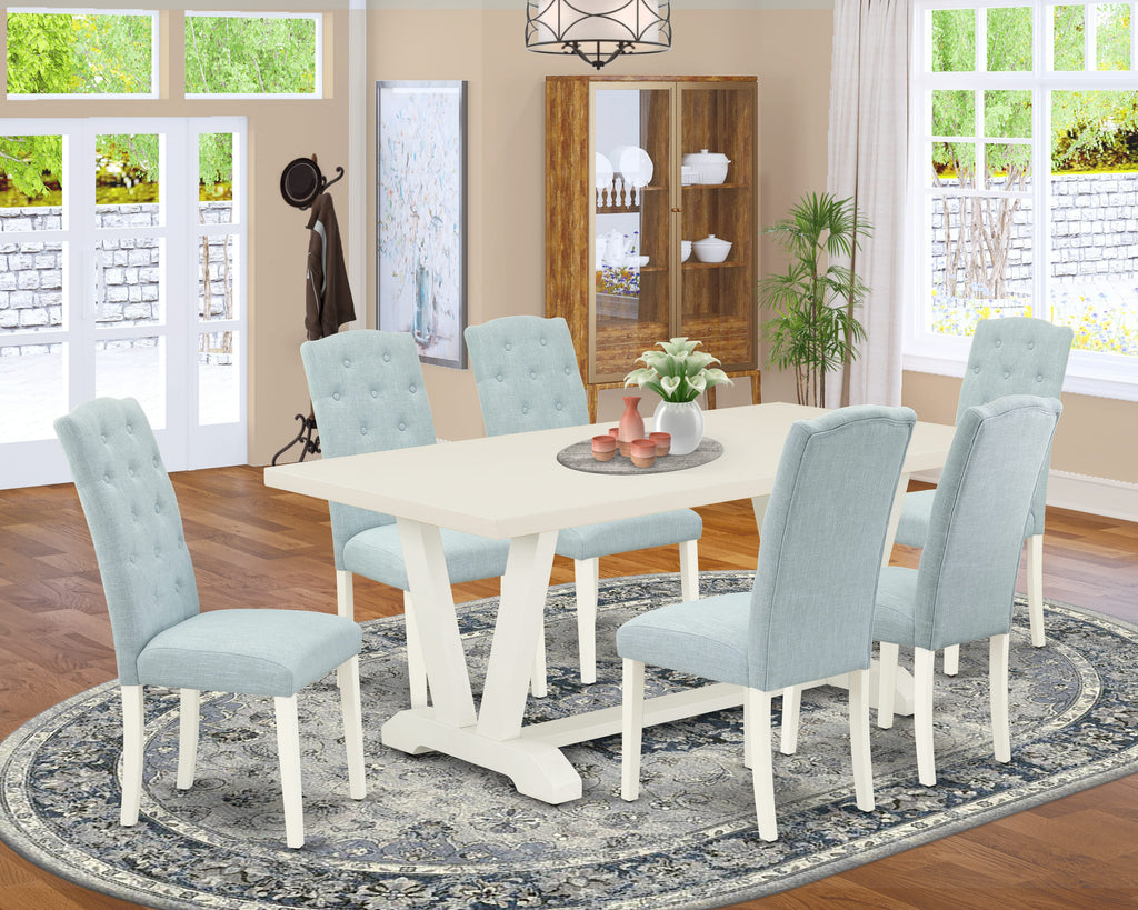 East West Furniture V027CE215-7 7 Piece Dining Room Table Set Consist of a Rectangle Kitchen Table with V-Legs and 6 Baby Blue Linen Fabric Parsons Dining Chairs