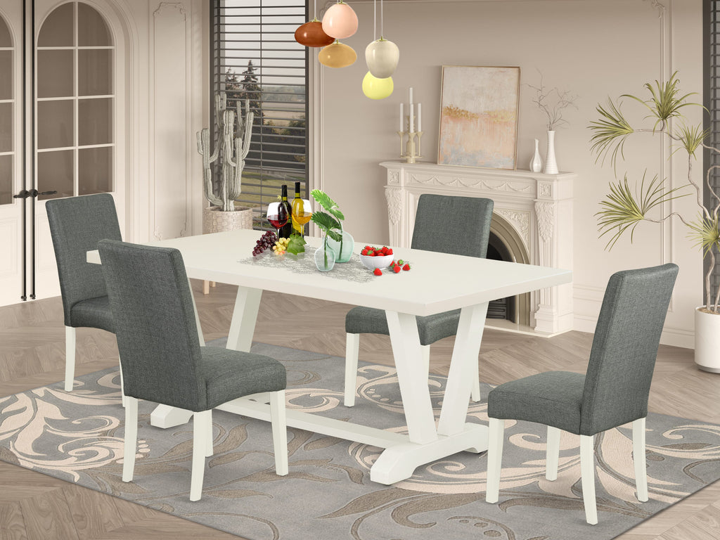 East West Furniture V027DR207-5 5 Piece Dining Room Furniture Set Includes a Rectangle Dining Table with V-Legs and 4 Gray Linen Fabric Upholstered Parson Chairs