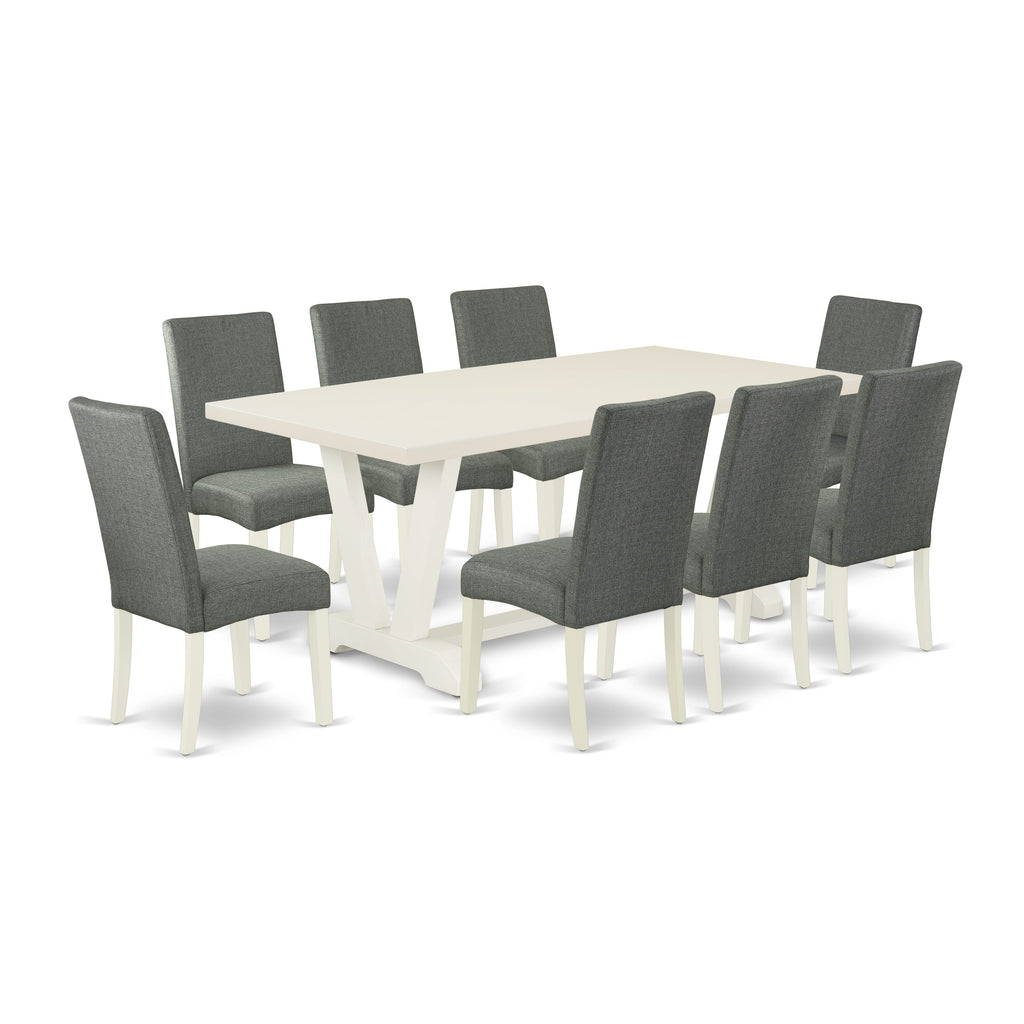 East West Furniture V027DR207-9 9 Piece Modern Dining Table Set Includes a Rectangle Dining Room Table with V-Legs and 8 Gray Linen Fabric Upholstered Chairs