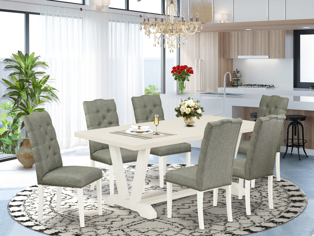 East West Furniture V027EL207-7 7 Piece Dining Room Table Set Consist of a Rectangle Kitchen Table with V-Legs and 6 Gray Linen Fabric Parsons Dining Chairs