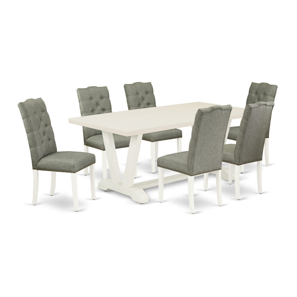 East West Furniture V027EL207-7 7 Piece Dining Room Table Set Consist of a Rectangle Kitchen Table with V-Legs and 6 Gray Linen Fabric Parsons Dining Chairs