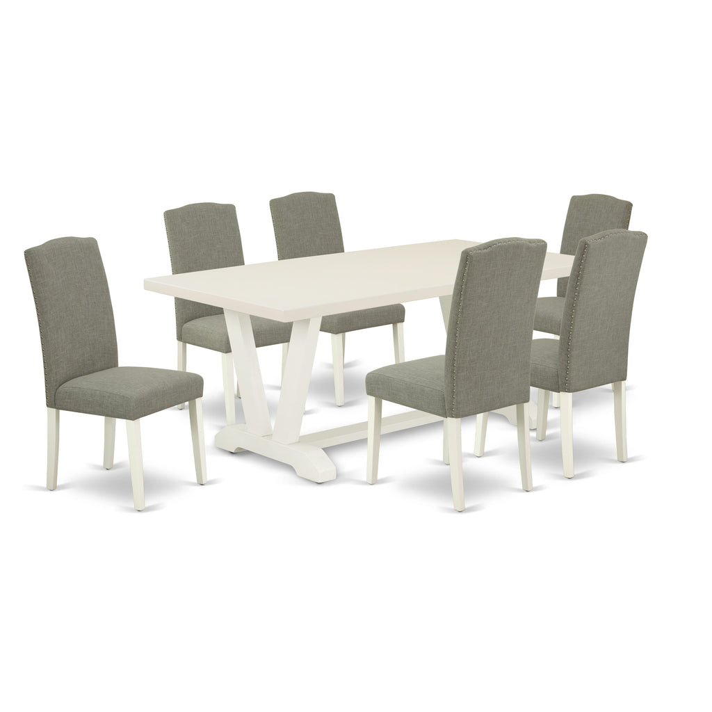 East West Furniture V027EN206-7 7 Piece Dining Table Set Consist of a Rectangle Kitchen Table with V-Legs and 6 Dark Shitake Linen Fabric Parson Dining Chairs