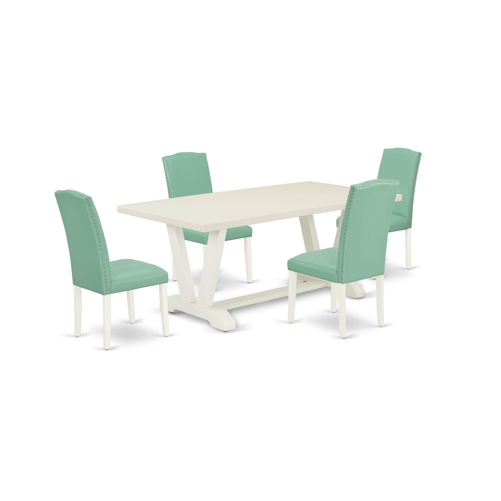 East West Furniture V027EN257-5 5 Piece Dining Set Includes a Rectangle Dining Room Table with V-Legs and 4 Pond Faux Leather Upholstered Chairs