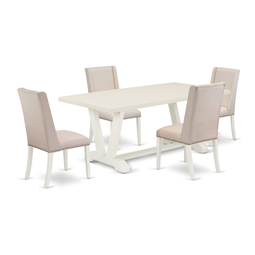 East West Furniture V027FL201-5 5 Piece Dining Room Furniture Set Includes a Rectangle Dining Table with V-Legs and 4 Cream Linen Fabric Parsons Chairs