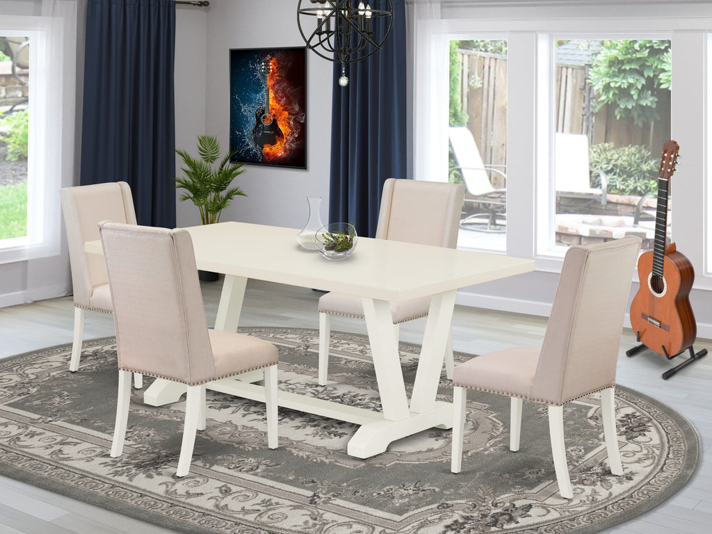 East West Furniture V027FL201-5 5 Piece Dining Room Furniture Set Includes a Rectangle Dining Table with V-Legs and 4 Cream Linen Fabric Parsons Chairs