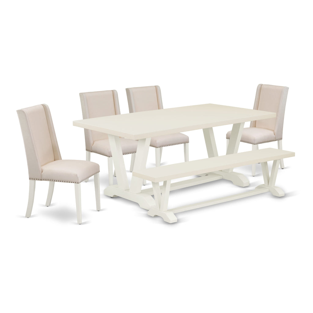 East West Furniture V027FL201-6 6 Piece Dining Room Set Contains a Rectangle Dining Table with V-Legs and 4 Cream Linen Fabric Parson Chairs with a Bench