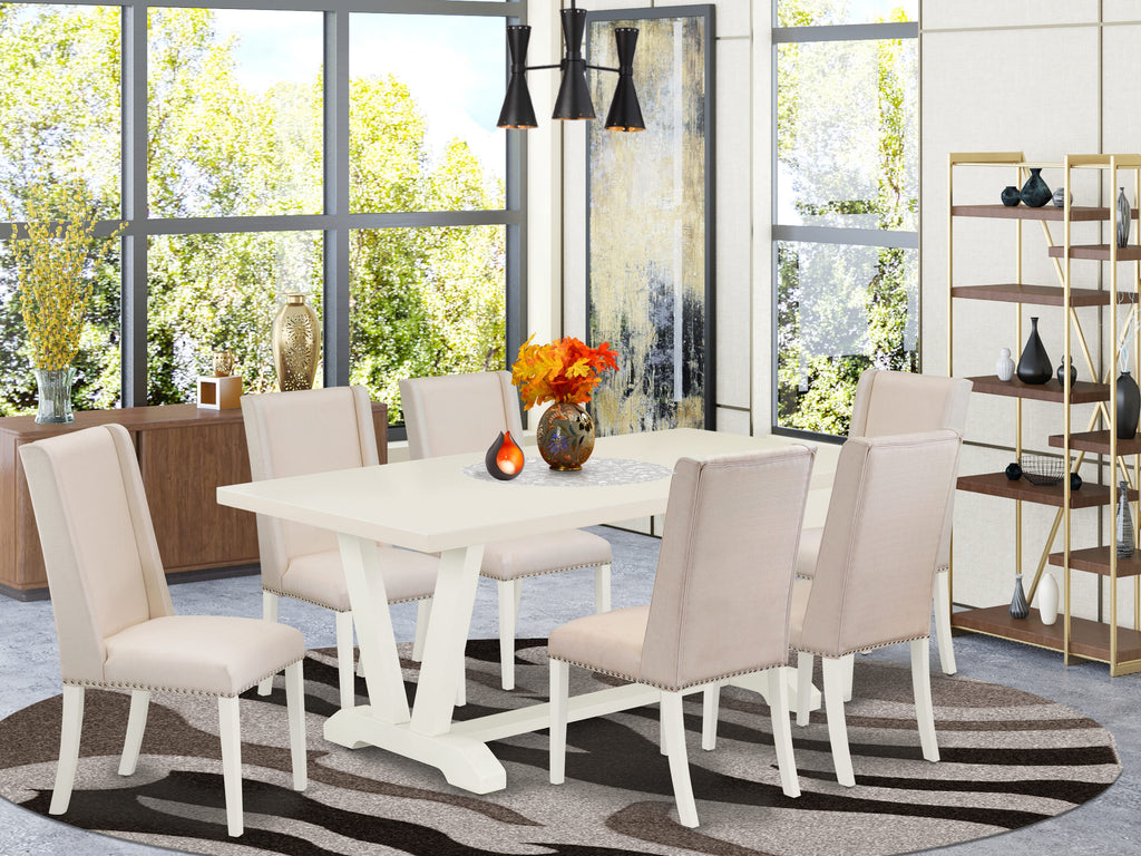 East West Furniture V027FL201-7 7 Piece Dining Table Set Consist of a Rectangle Kitchen Table with V-Legs and 6 Cream Linen Fabric Parson Dining Room Chairs