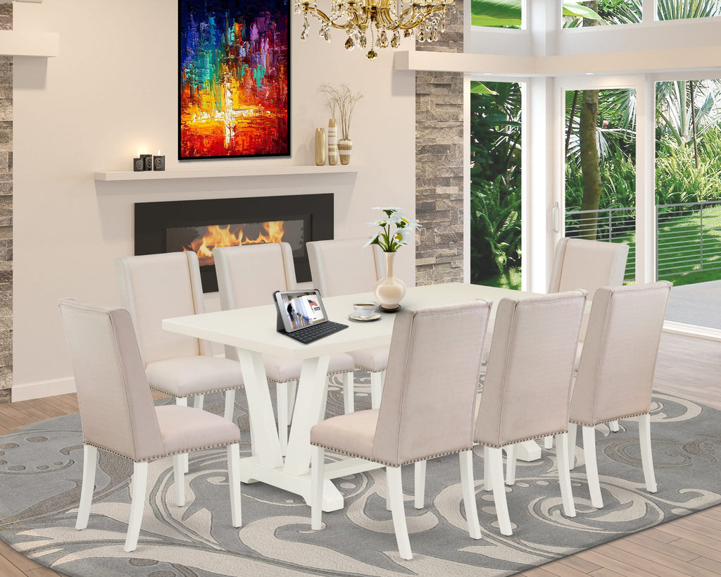 East West Furniture V027FL201-9 9 Piece Dining Room Table Set Includes a Rectangle Dining Table with V-Legs and 8 Cream Linen Fabric Upholstered Parson Chairs