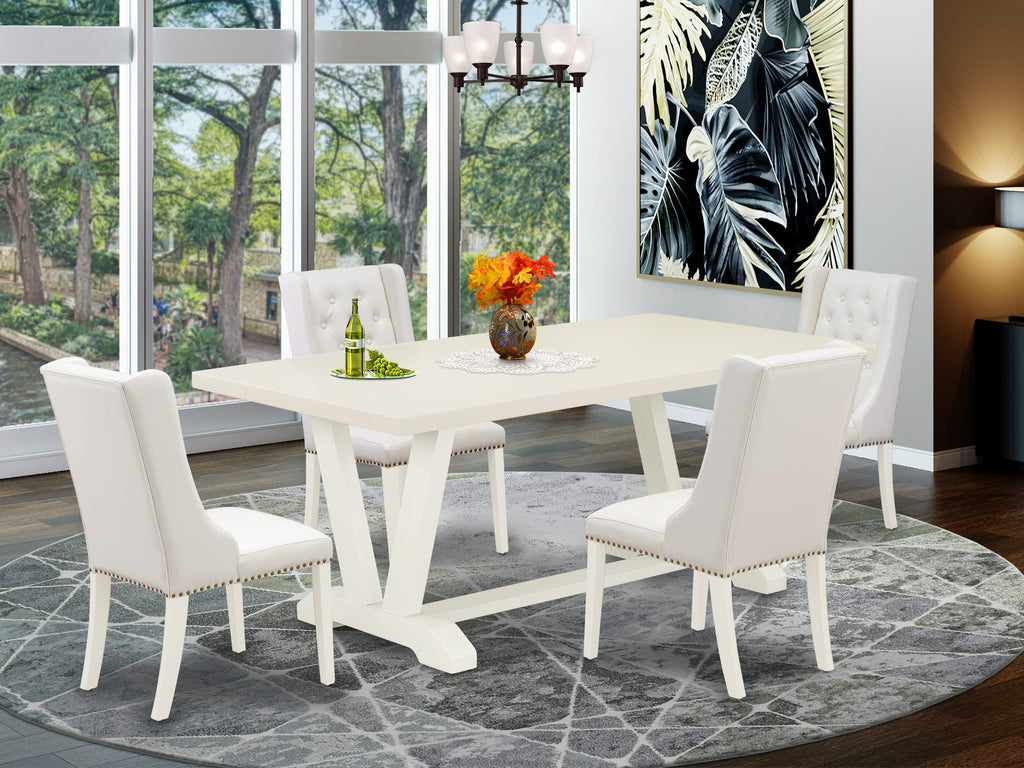 East West Furniture V027FO244-5 5 Piece Modern Dining Table Set Includes a Rectangle Wooden Table with V-Legs and 4 Light grey Faux Leather Parson Dining Chairs