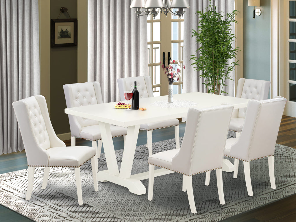 East West Furniture V027FO244-7 7 Piece Dinette Set Consist of a Rectangle Dining Room Table with V-Legs and 6 Light grey Faux Leather Parson Dining Chairs