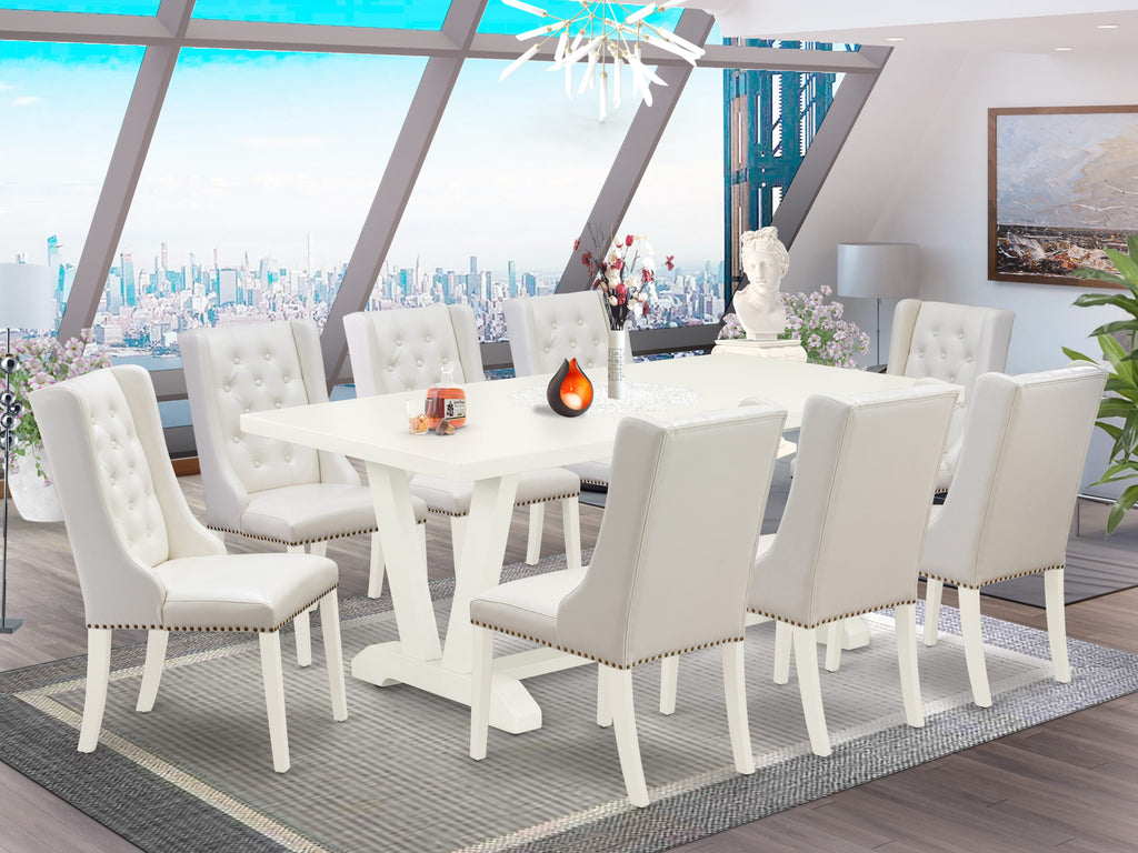 East West Furniture V027FO244-9 9 Piece Dining Set Includes a Rectangle Dining Room Table with V-Legs and 8 Light grey Faux Leather Upholstered Chairs