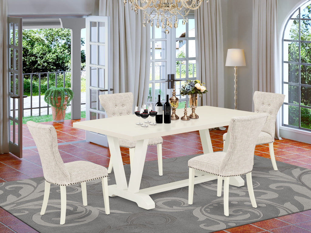 East West Furniture V027GA235-5 5 Piece Dining Set Includes a Rectangle Dining Room Table with V-Legs and 4 Doeskin Linen Fabric Upholstered Parson Chairs