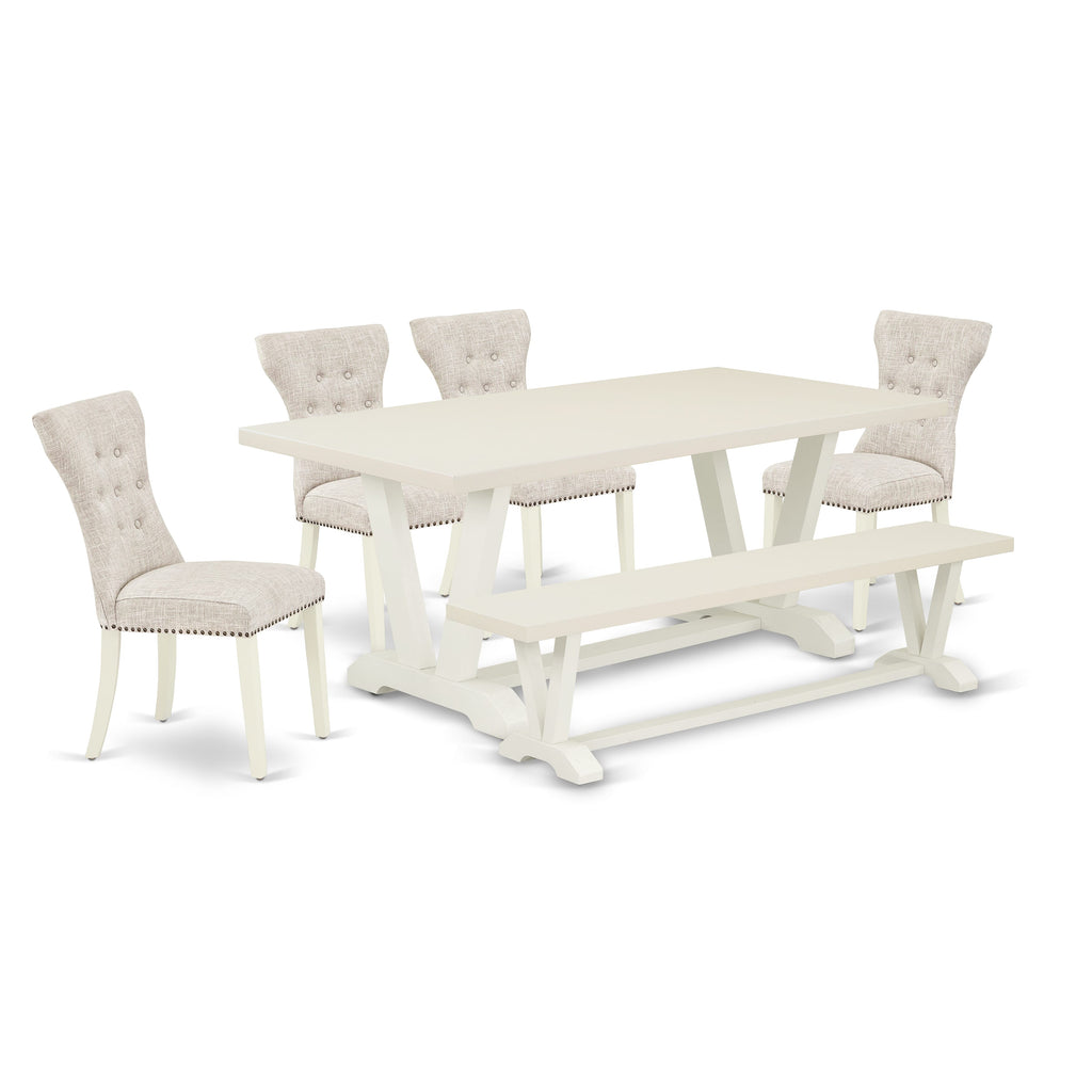 East West Furniture V027GA235-6 6 Piece Dining Set Contains a Rectangle Dining Room Table with V-Legs and 4 Doeskin Linen Fabric Upholstered Chairs with a Bench