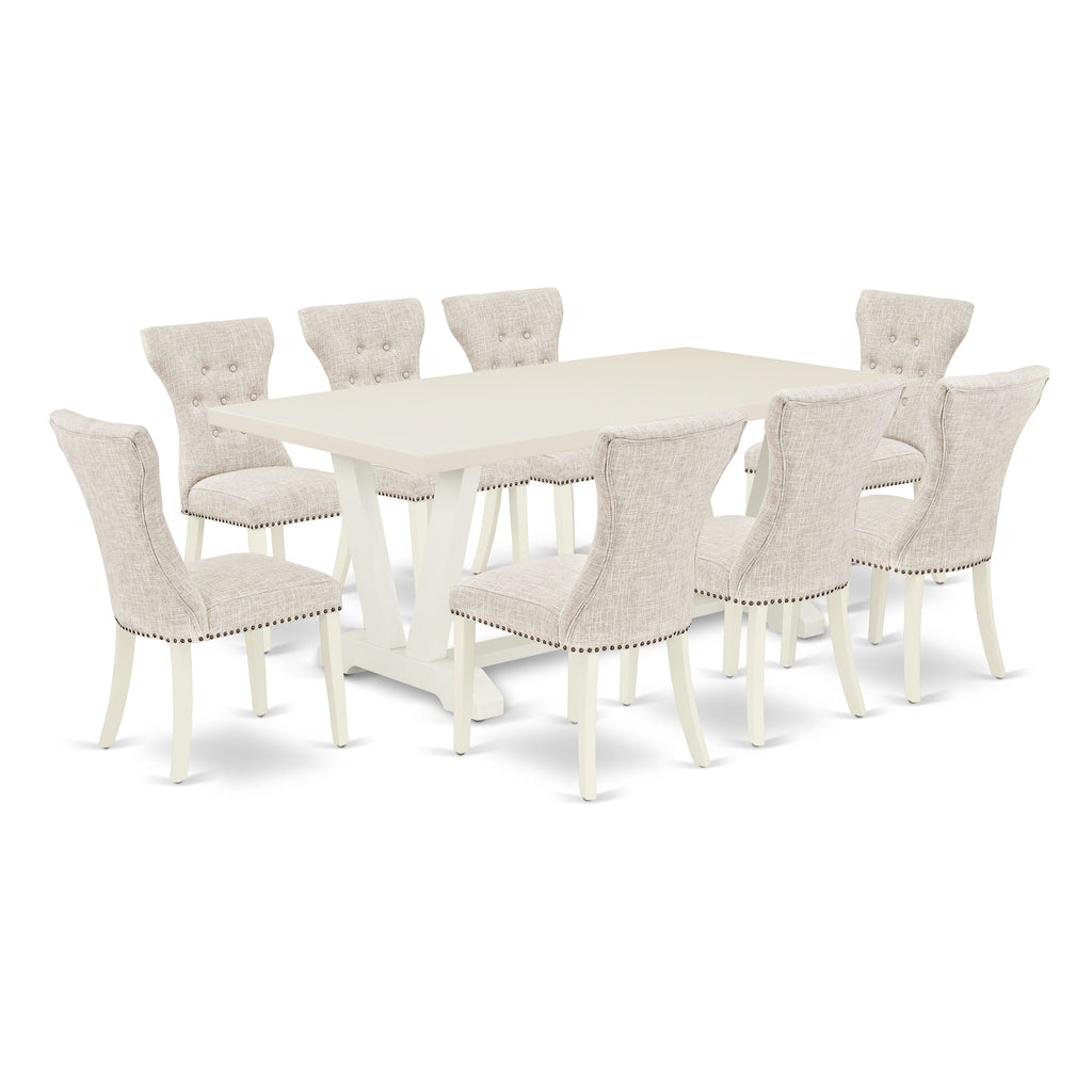 East West Furniture V027GA235-9 9 Piece Dining Table Set Includes a Rectangle Dining Room Table with V-Legs and 8 Doeskin Linen Fabric Upholstered Chairs