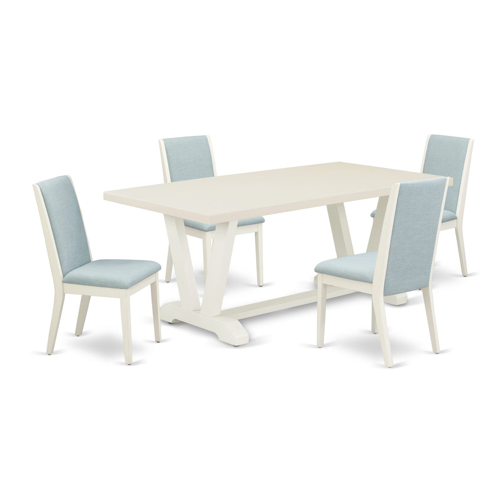 East West Furniture V027LA015-5 5 Piece Dining Room Table Set Includes a Rectangle Kitchen Table with V-Legs and 4 Baby Blue Linen Fabric Parson Dining Chairs