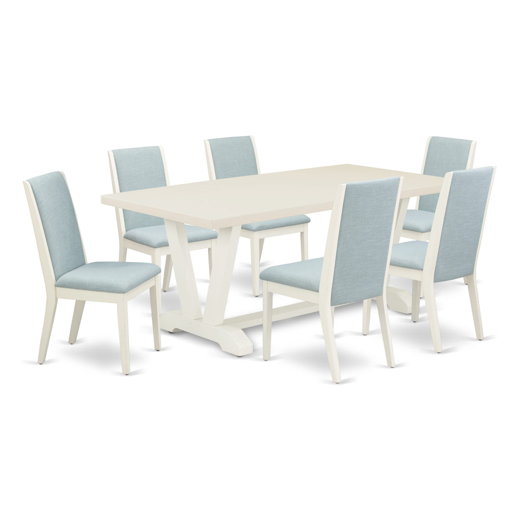 East West Furniture V027LA015-7 7 Piece Dining Table Set Consist of a Rectangle Dining Room Table with V-Legs and 6 Baby Blue Linen Fabric Parsons Chairs