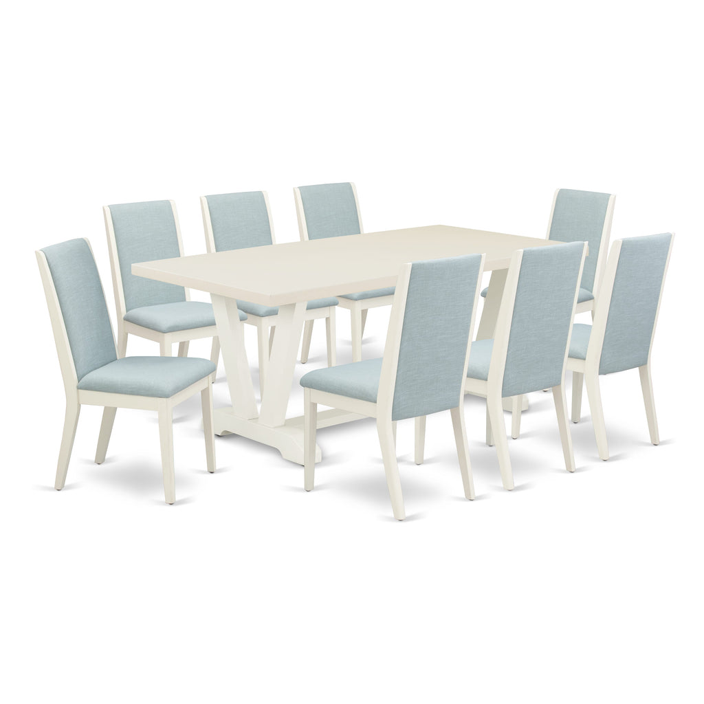 East West Furniture V027LA015-9 9 Piece Dining Set Includes a Rectangle Dining Room Table with V-Legs and 8 Baby Blue Linen Fabric Upholstered Parson Chairs