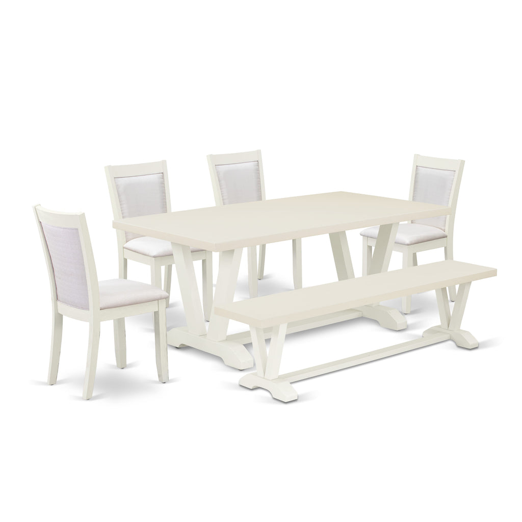 East West Furniture V027MZ001-6 6 Piece Dining Set Contains a Rectangle Dining Room Table with V-Legs and 4 Cream Linen Fabric Upholstered Chairs with a Bench, 40x72 Inch, Multi-Color