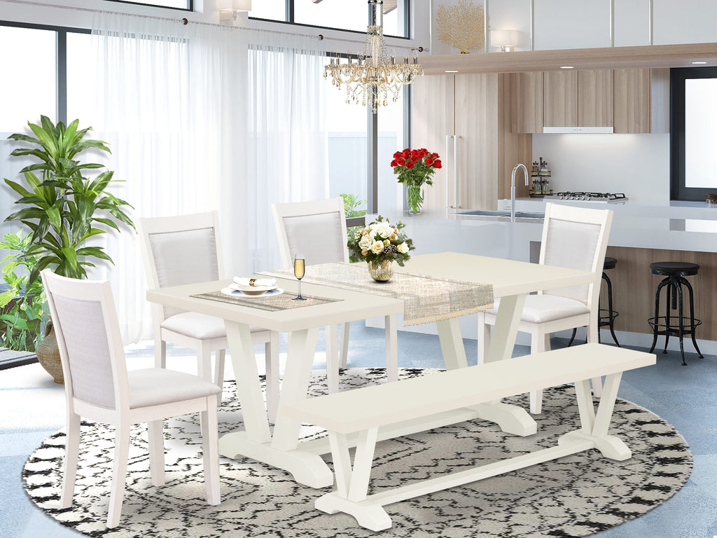 East West Furniture V027MZ001-6 6 Piece Dining Set Contains a Rectangle Dining Room Table with V-Legs and 4 Cream Linen Fabric Upholstered Chairs with a Bench, 40x72 Inch, Multi-Color