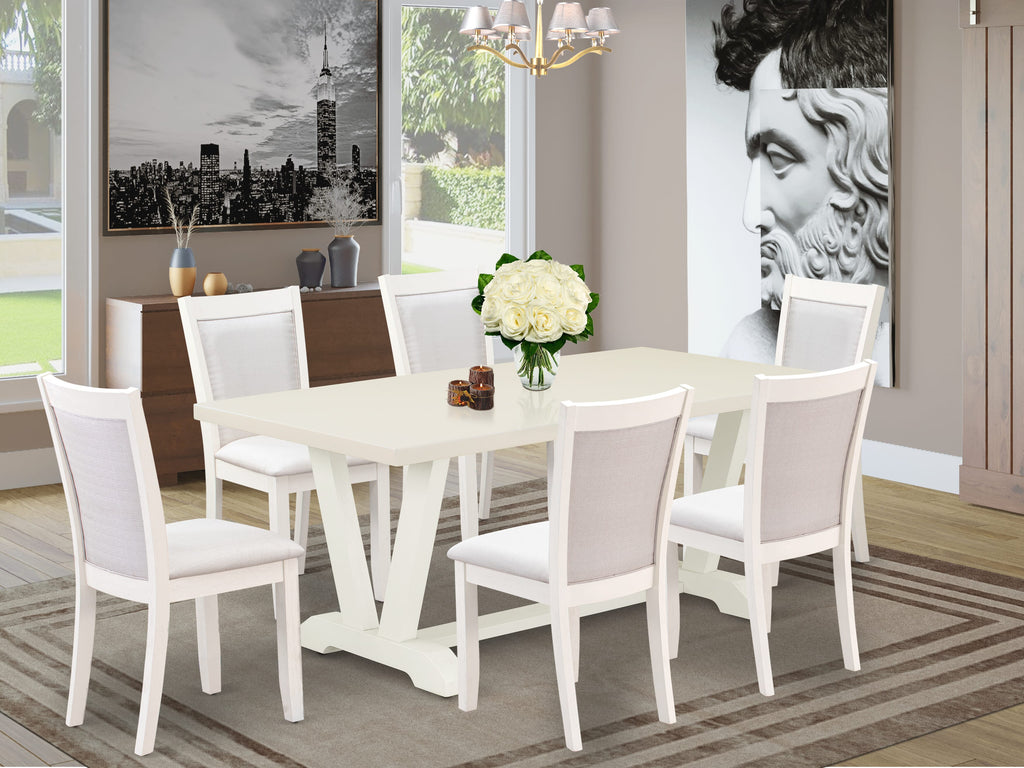 East West Furniture V027MZ001-7 7 Piece Dining Set Consist of a Rectangle Dining Room Table with V-Legs and 6 Cream Linen Fabric Upholstered Parson Chairs, 40x72 Inch, Multi-Color