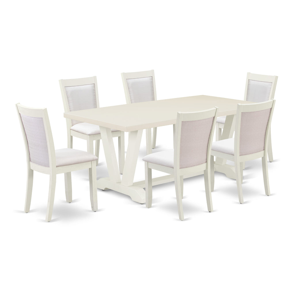 East West Furniture V027MZ001-7 7 Piece Dining Set Consist of a Rectangle Dining Room Table with V-Legs and 6 Cream Linen Fabric Upholstered Parson Chairs, 40x72 Inch, Multi-Color