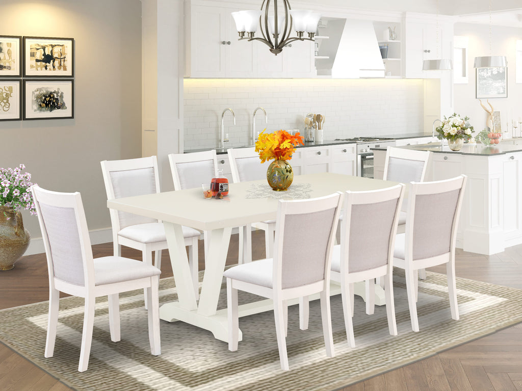 East West Furniture V027MZ001-9 9 Piece Modern Dining Table Set Includes a Rectangle Wooden Table with V-Legs and 8 Cream Linen Fabric Parsons Dining Chairs, 40x72 Inch, Multi-Color