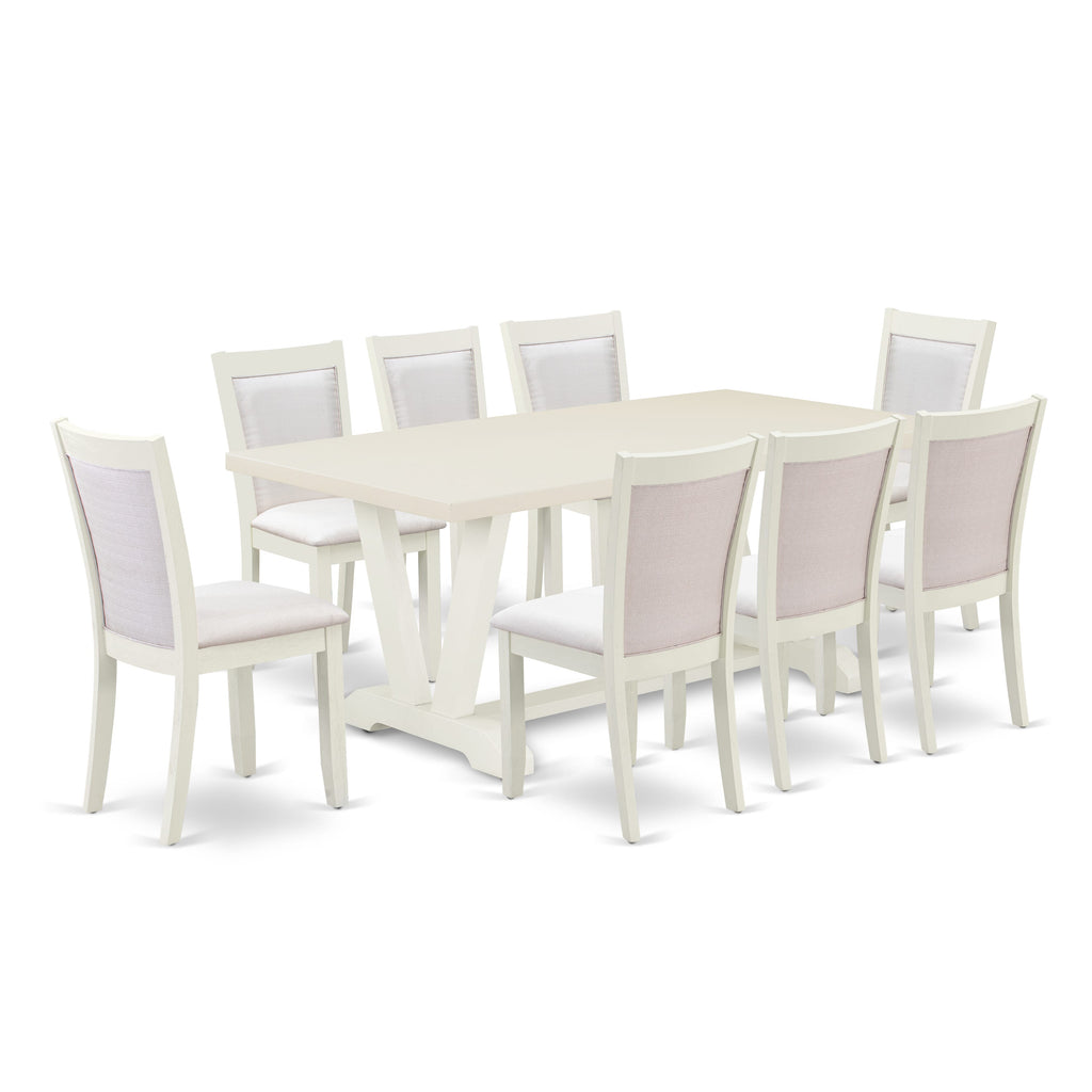 East West Furniture V027MZ001-9 9 Piece Modern Dining Table Set Includes a Rectangle Wooden Table with V-Legs and 8 Cream Linen Fabric Parsons Dining Chairs, 40x72 Inch, Multi-Color