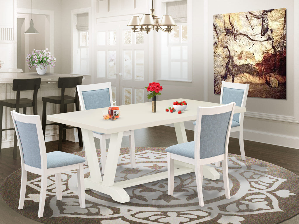 East West Furniture V027MZ015-5 5 Piece Kitchen Table & Chairs Set Includes a Rectangle Dining Table with V-Legs and 4 Baby Blue Linen Fabric Parson Chairs, 40x72 Inch, Multi-Color