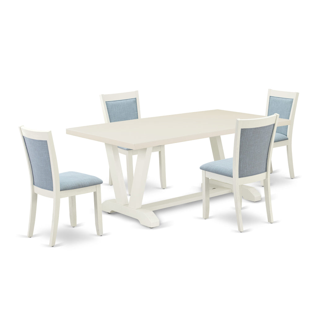 East West Furniture V027MZ015-5 5 Piece Kitchen Table & Chairs Set Includes a Rectangle Dining Table with V-Legs and 4 Baby Blue Linen Fabric Parson Chairs, 40x72 Inch, Multi-Color
