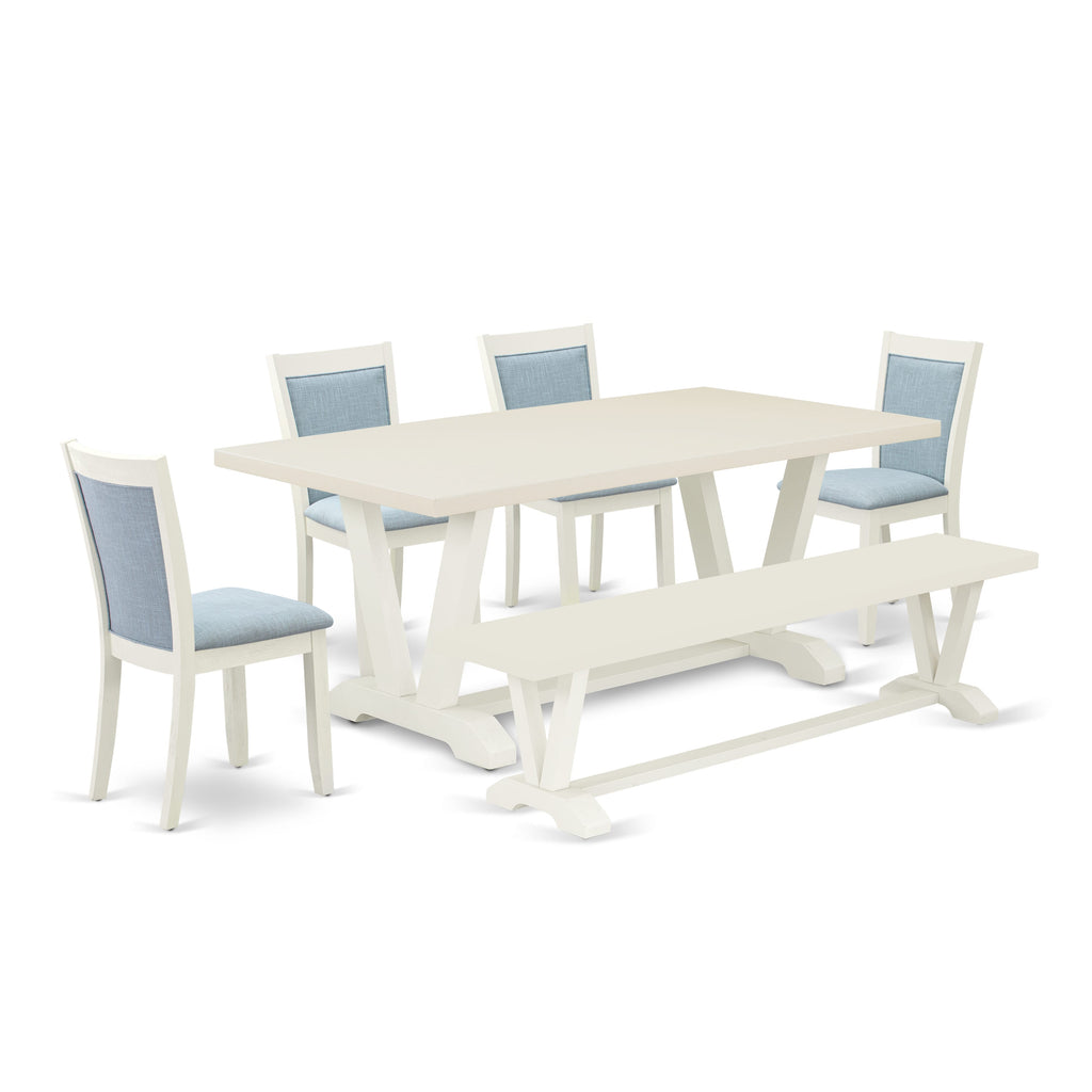 East West Furniture V027MZ015-6 6 Piece Dining Table Set Contains a Rectangle Dining Room Table and 4 Baby Blue Linen Fabric Parson Chairs with a Bench, 40x72 Inch, Multi-Color