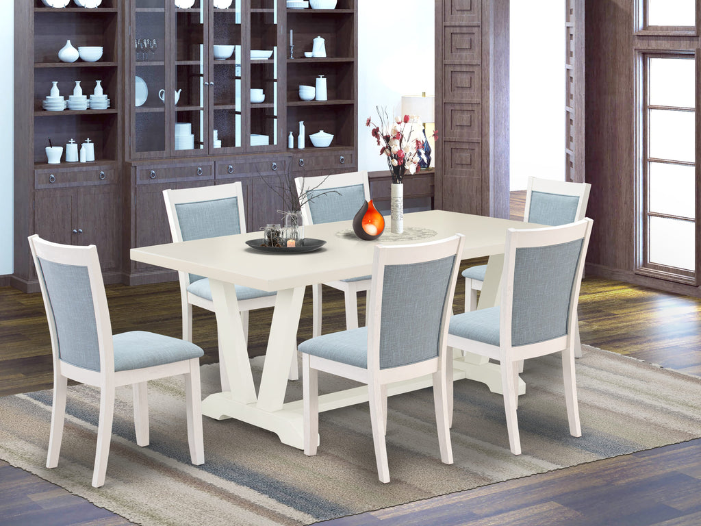 East West Furniture V027MZ015-7 7 Piece Dining Table Set Consist of a Rectangle Kitchen Table with V-Legs and 6 Baby Blue Linen Fabric Upholstered Chairs