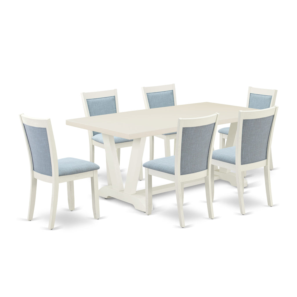 East West Furniture V027MZ015-7 7 Piece Dining Table Set Consist of a Rectangle Kitchen Table with V-Legs and 6 Baby Blue Linen Fabric Upholstered Chairs