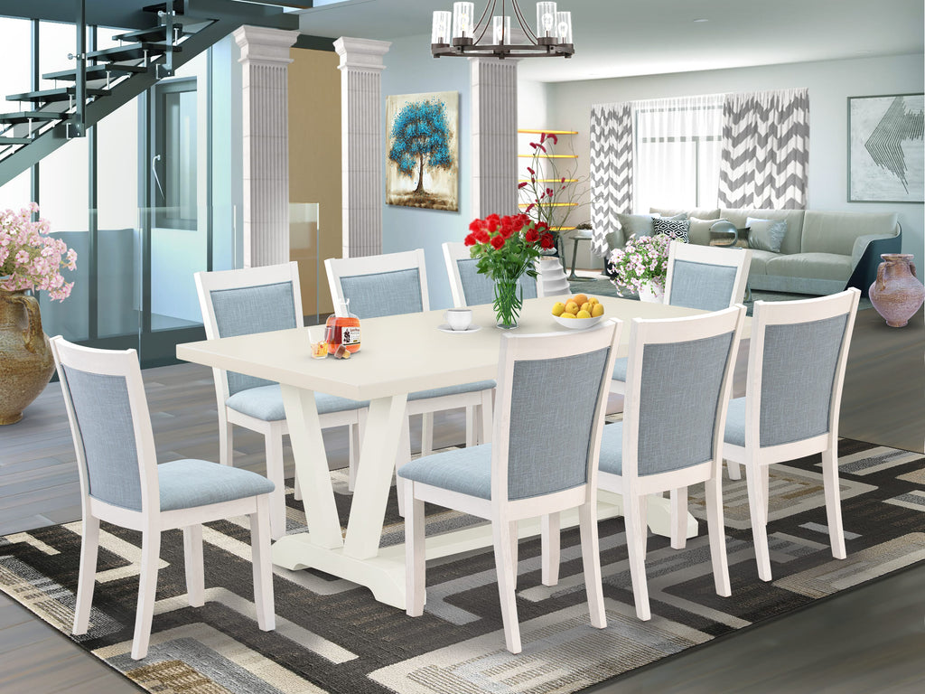 East West Furniture V027MZ015-9 9 Piece Kitchen Table & Chairs Set Includes a Rectangle Dining Room Table with V-Legs and 8 Baby Blue Linen Fabric Parsons Chairs, 40x72 Inch, Multi-Color
