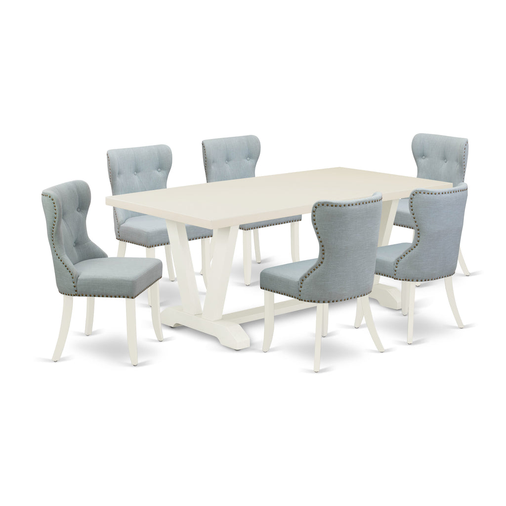 East West Furniture V027SI215-7 7 Piece Dining Room Table Set Consist of a Rectangle Kitchen Table with V-Legs and 6 Baby Blue Linen Fabric Parson Dining Chairs